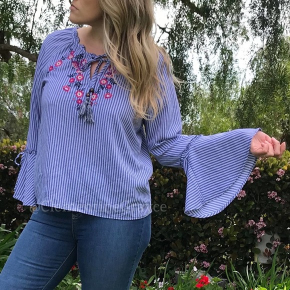 Blue & White Embroidered Bell Sleeve Blouse - Picture 1 of 7